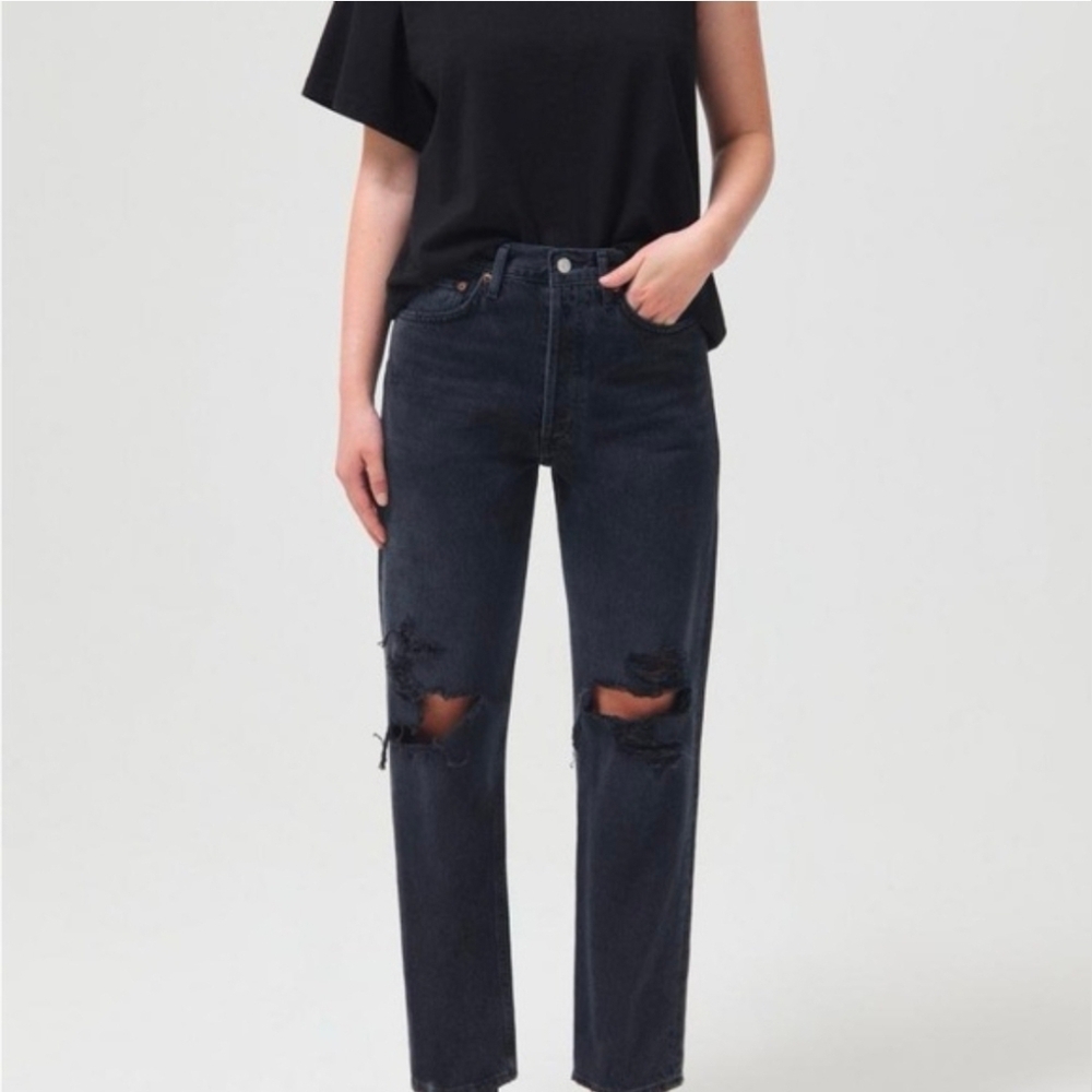 90s Ripped Loose Fit Jeans - Washed Black